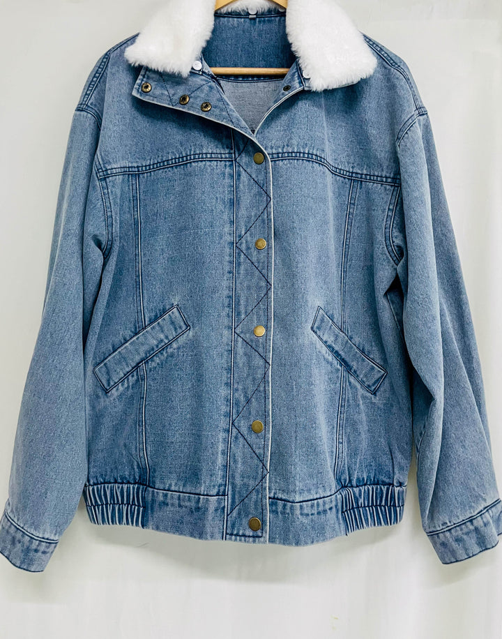 SENN - Women's Washed Denim Jacket Fleece Collar
