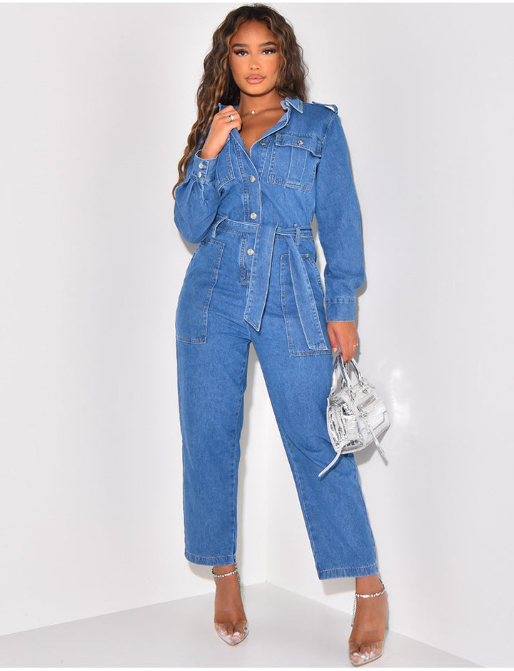 SAGEL - Women's Denim Belted Jumpsuit
