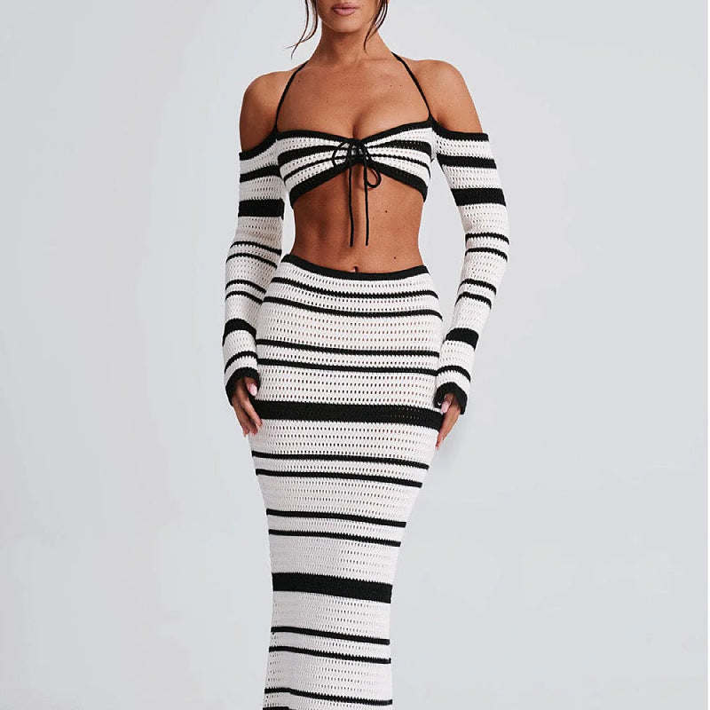MARTINA - Striped Knit Two-Piece Bodycon Maxi Dress