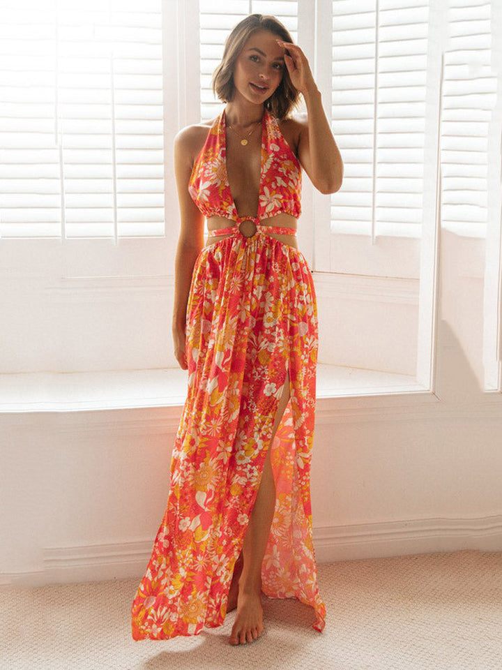 OLIVE - Floral Halter Split Dress
