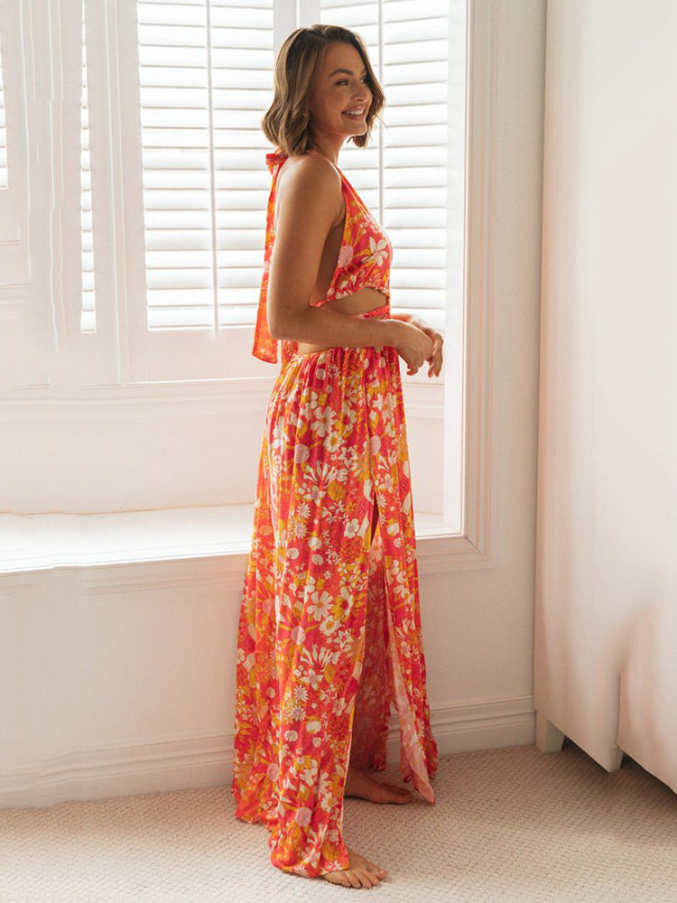 OLIVE - Floral Halter Split Dress