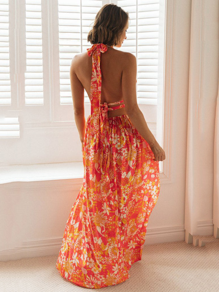 OLIVE - Floral Halter Split Dress