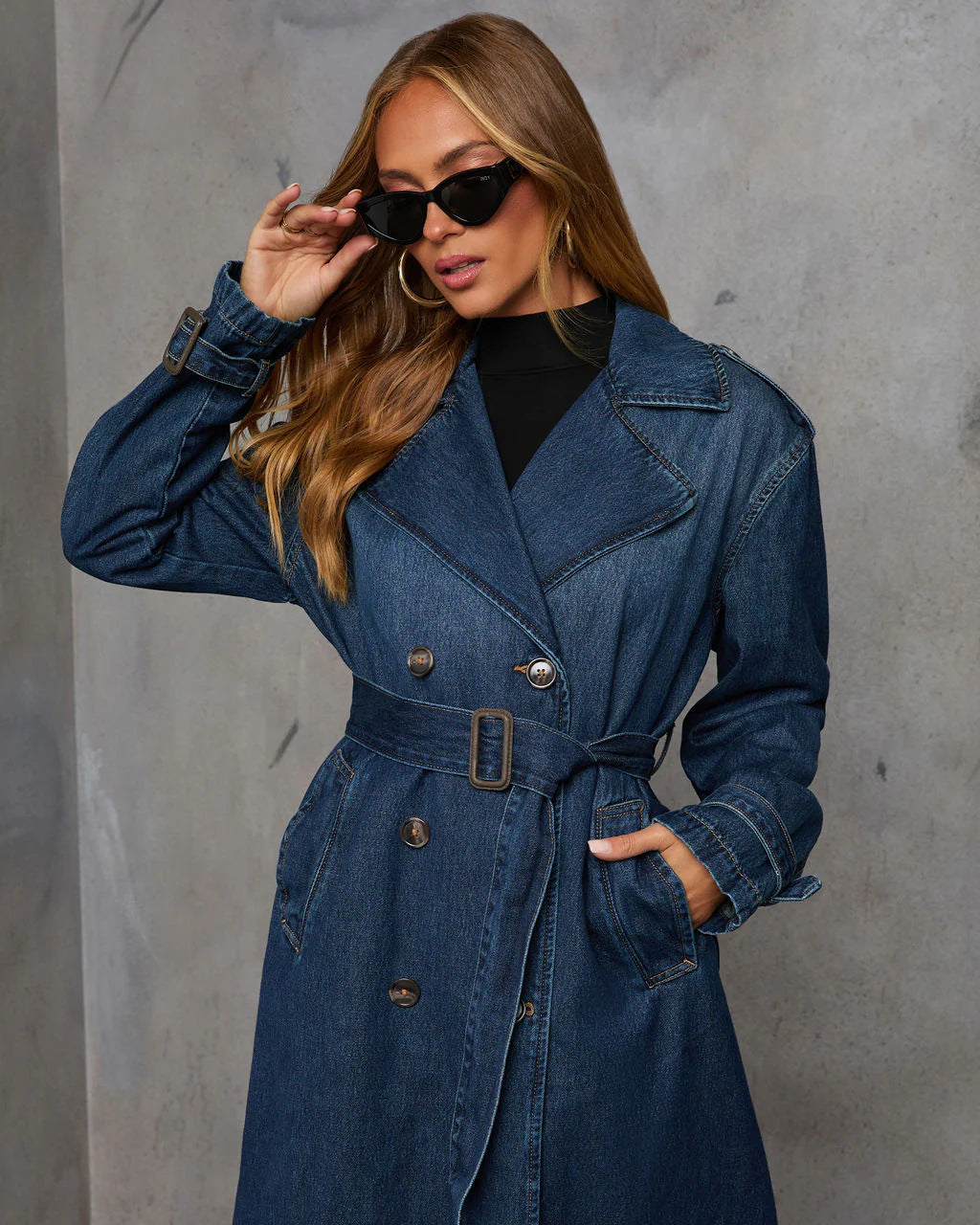 RUEBY - Double-Breasted Denim Trench Coat