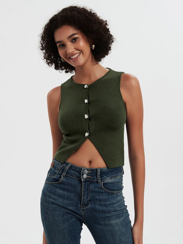 KEI - Women’s Knitted Sleeveless Button Crop Top