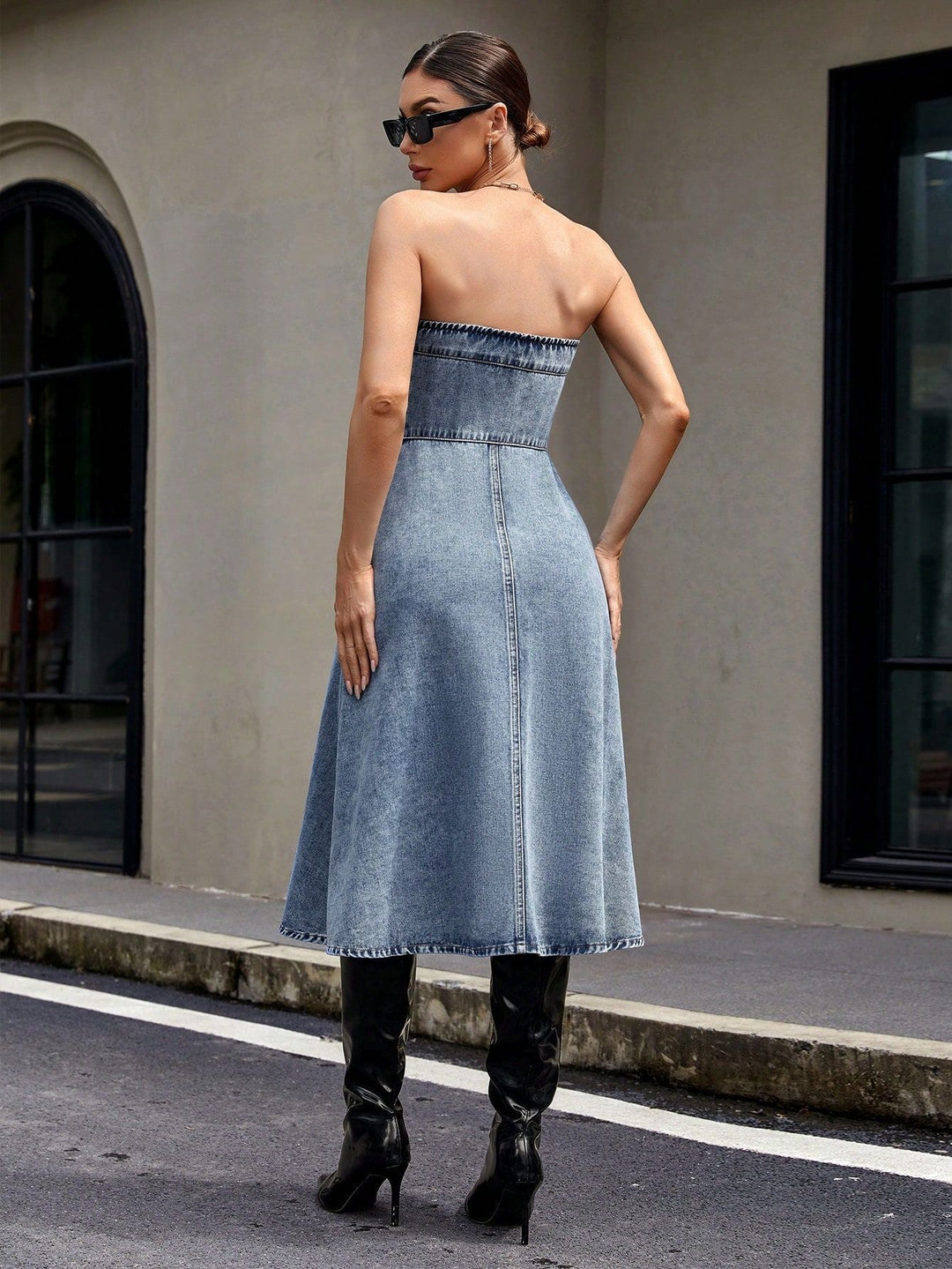 RIVER - Strapless Button-Front Denim Dress