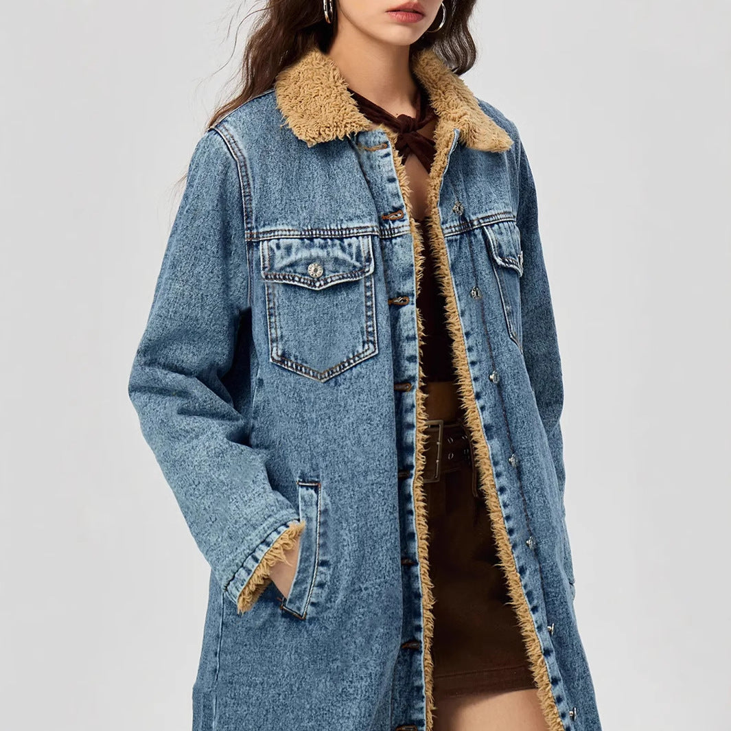 MALLIK - Women's Long Denim Coat with Vegan Fur
