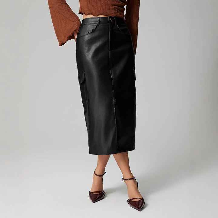 MAGAN - Vegan Leather Midi Skirt with Pockets