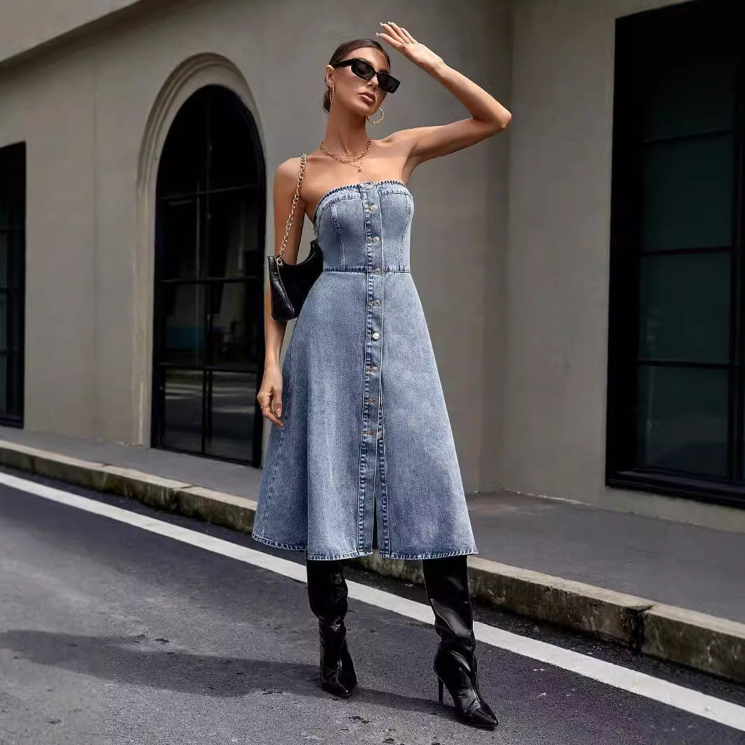 RIVER - Strapless Button-Front Denim Dress