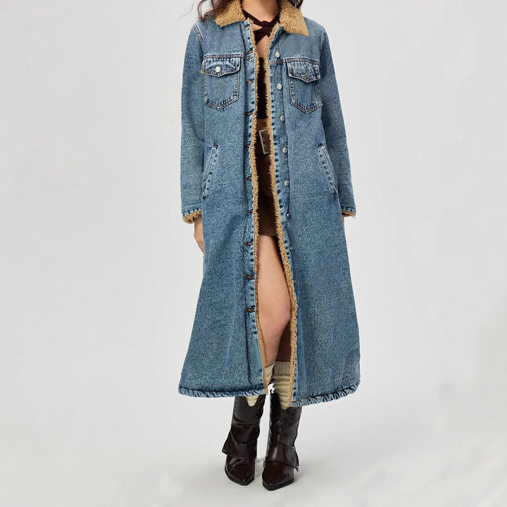 MALLIK - Women's Long Denim Coat with Vegan Fur