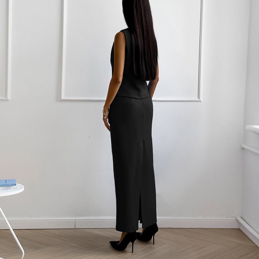 SELENE - Black Sleeveless Vest Skirt Set