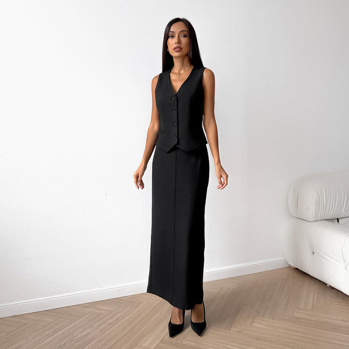 SELENE - Black Sleeveless Vest Skirt Set