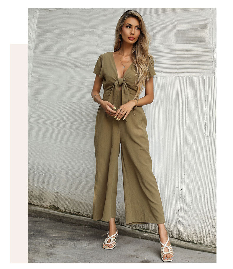 SAYEH -  Olive Knot Front Wide-Leg Jumpsuit