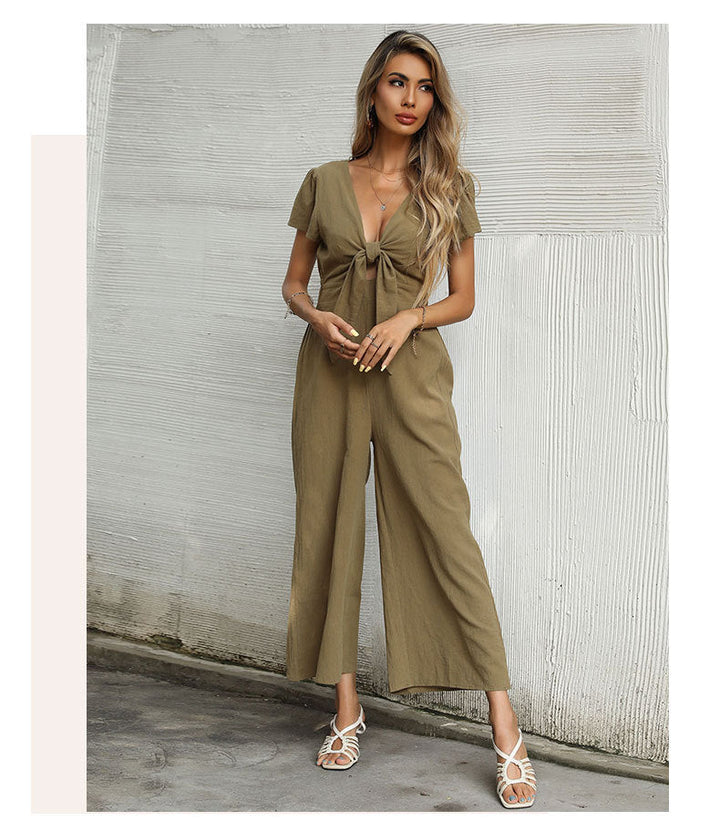 SAYEH -  Olive Knot Front Wide-Leg Jumpsuit