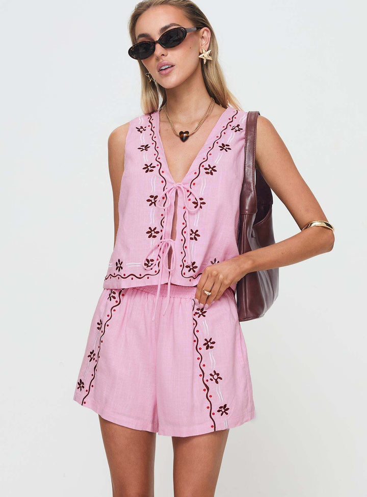 VEDDE - Embroidered Pink Two-Piece Set