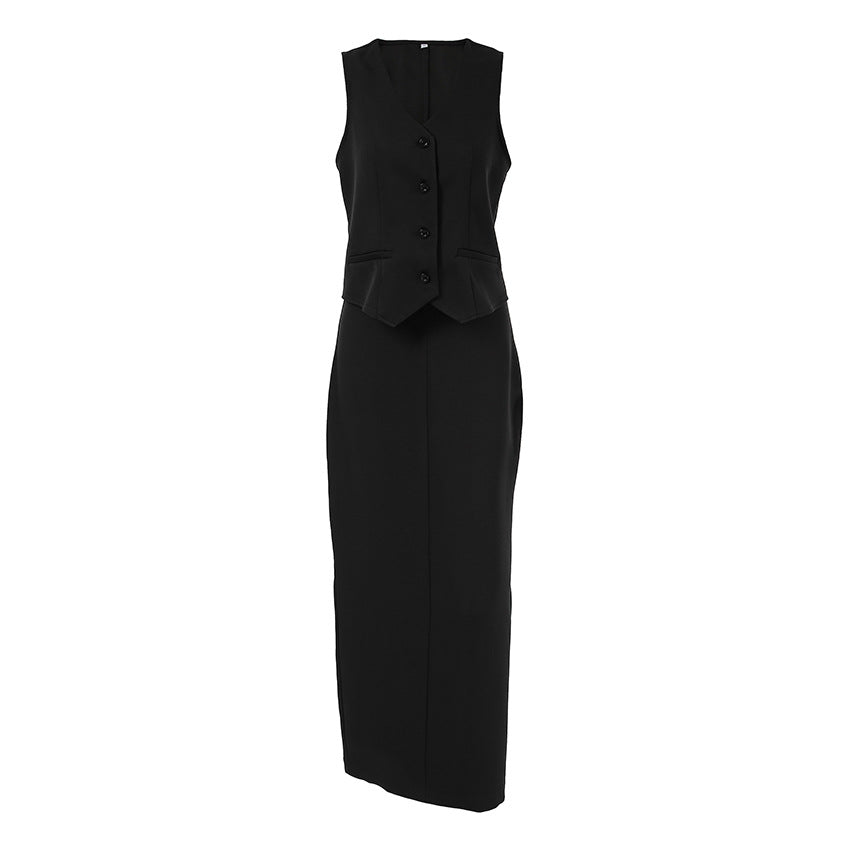 SELENE - Black Sleeveless Vest Skirt Set