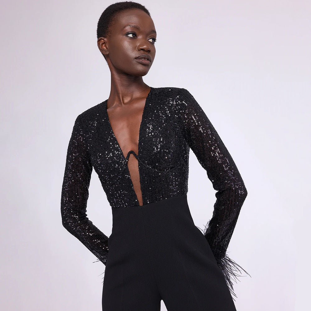 SEREN - Black Sequin Feather Detail Jumpsuit