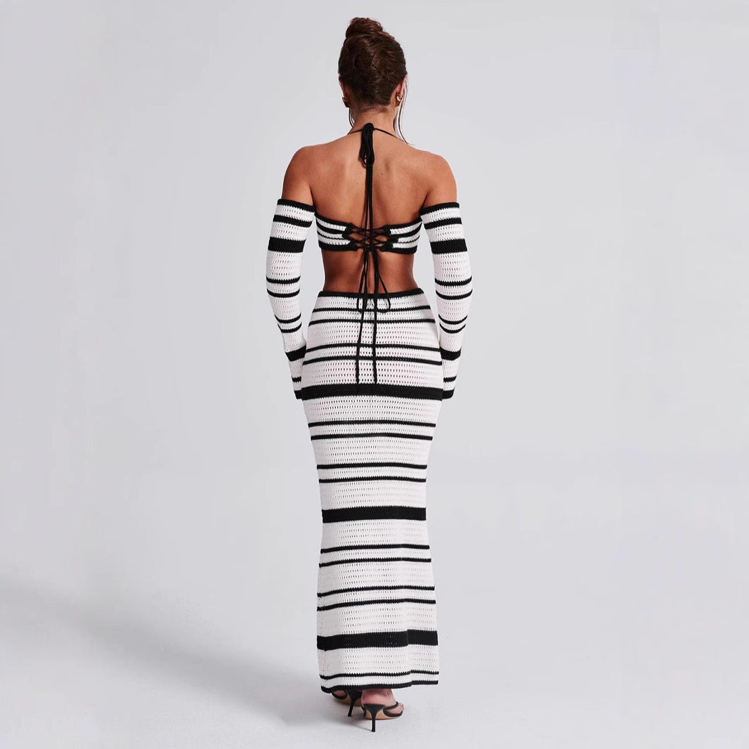 MARTINA - Striped Knit Two-Piece Bodycon Maxi Dress