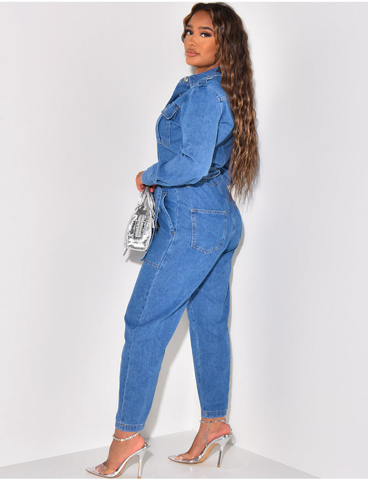 SAGEL - Women's Denim Belted Jumpsuit