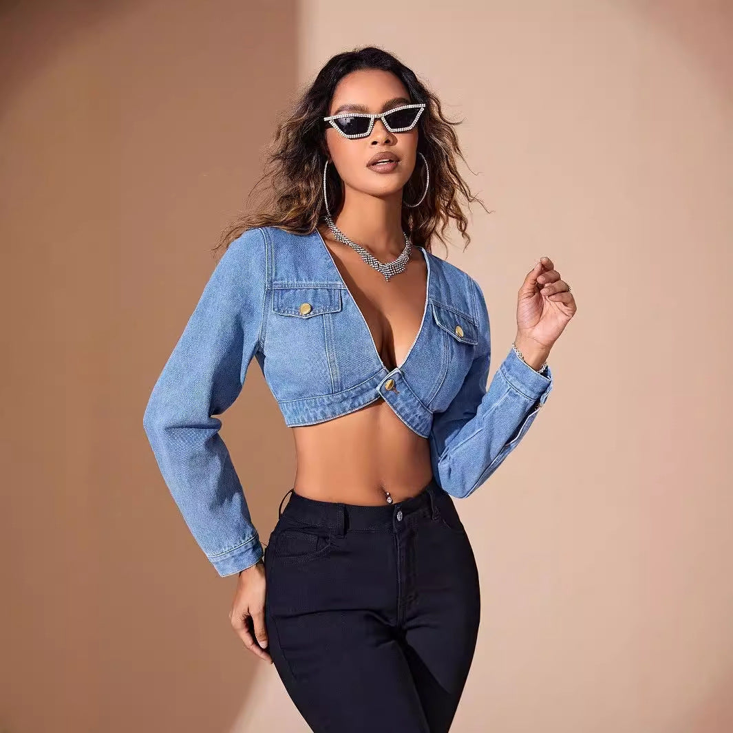 ZOLA - Cropped Denim Jacket with V-Neck