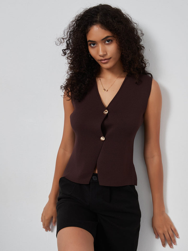 ORSHI - Sleeveless Knit Vest with Gold Buttons