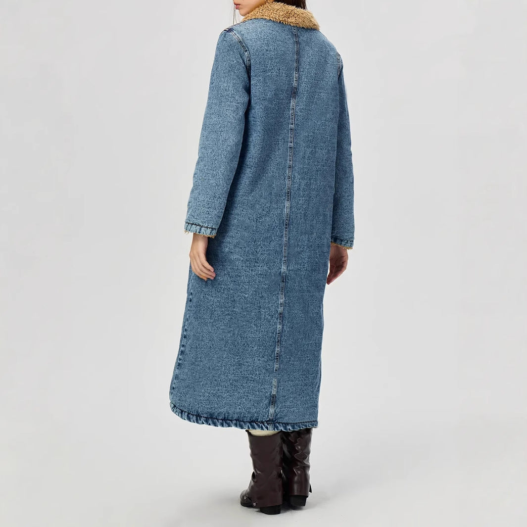 MALLIK - Women's Long Denim Coat with Vegan Fur