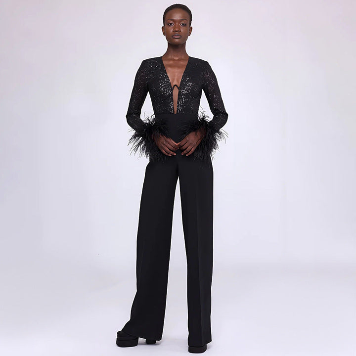 SEREN - Black Sequin Feather Detail Jumpsuit