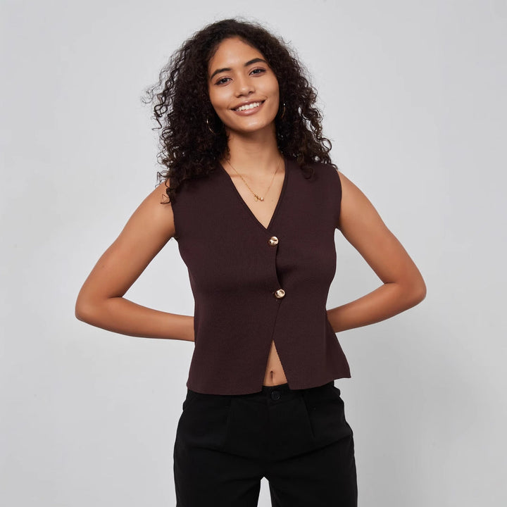 ORSHI - Sleeveless Knit Vest with Gold Buttons