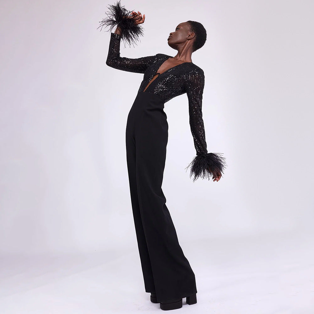 SEREN - Black Sequin Feather Detail Jumpsuit