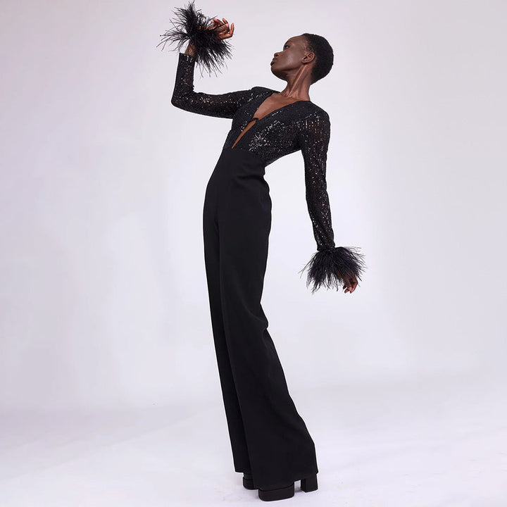 SEREN - Black Sequin Feather Detail Jumpsuit
