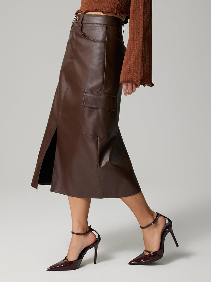 MAGAN - Vegan Leather Midi Skirt with Pockets