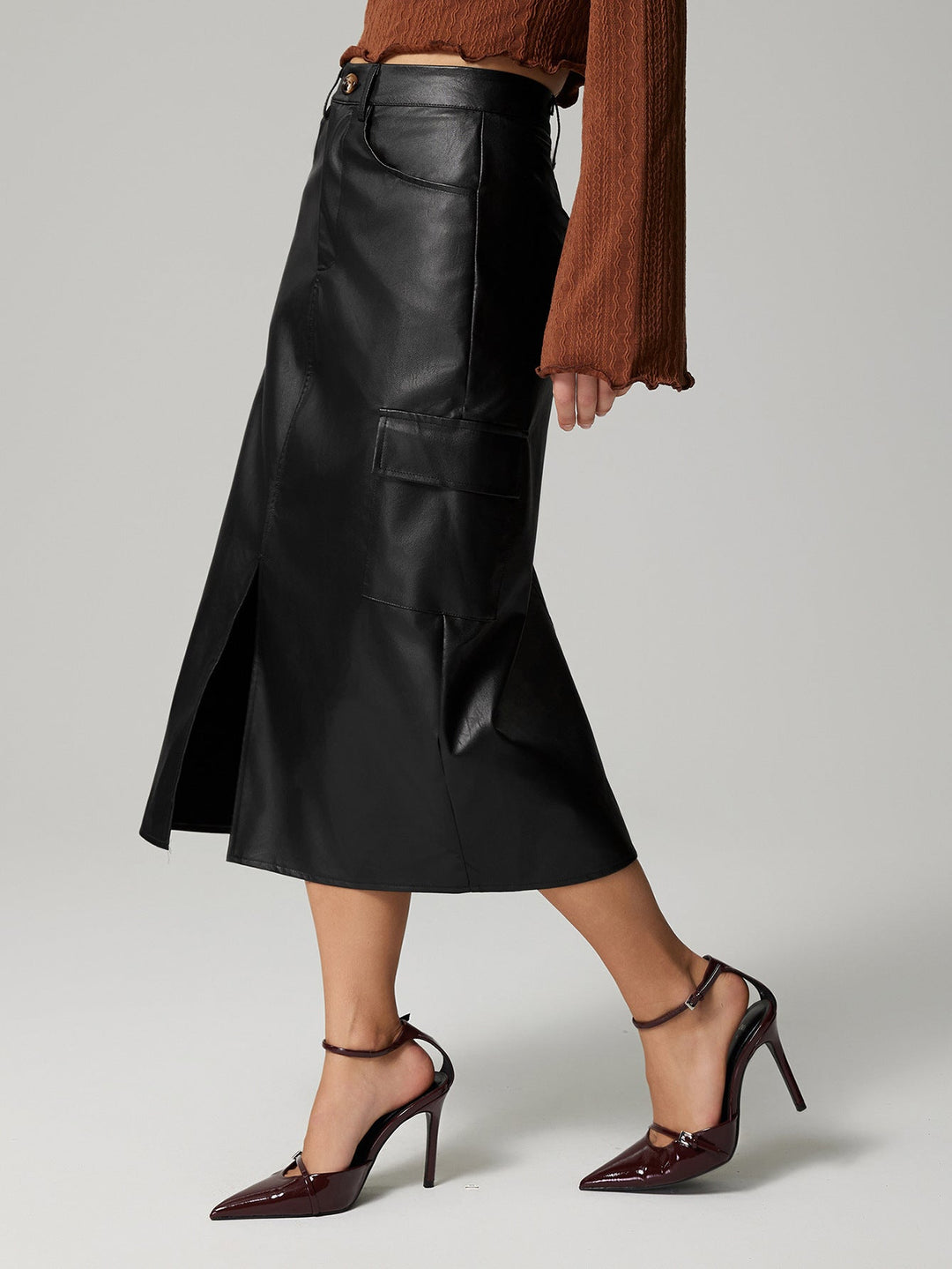 MAGAN - Vegan Leather Midi Skirt with Pockets