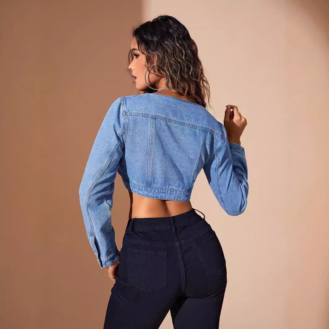 ZOLA - Cropped Denim Jacket with V-Neck
