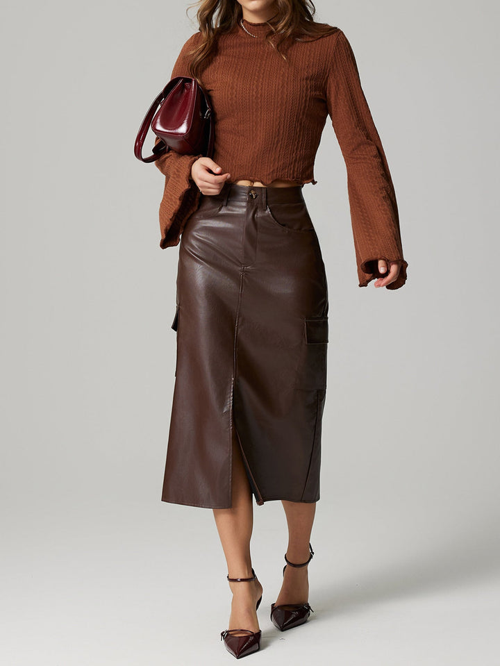MAGAN - Vegan Leather Midi Skirt with Pockets