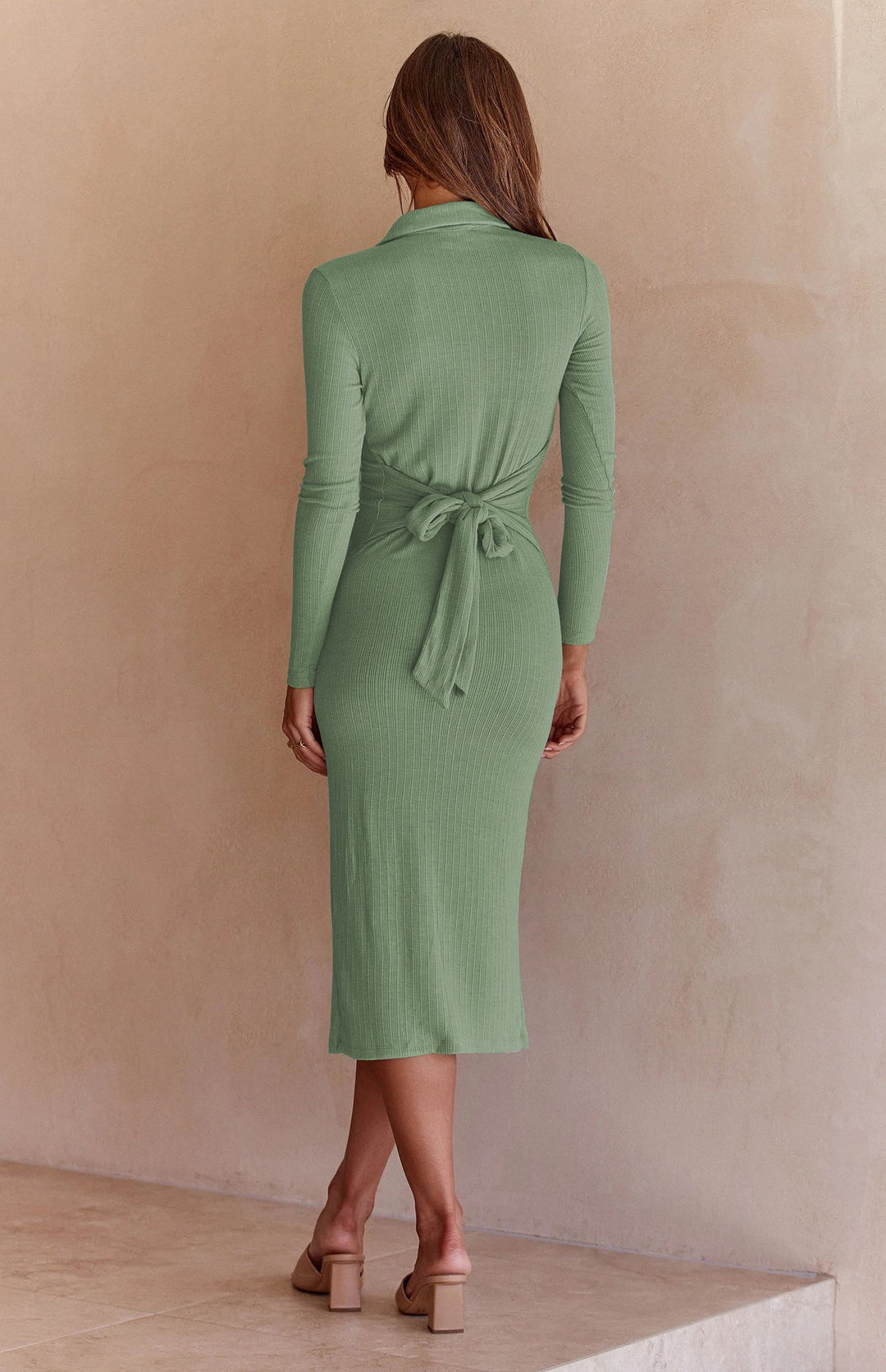 PARZIS - Ribbed Long-Sleeved Slim-Fit Dress