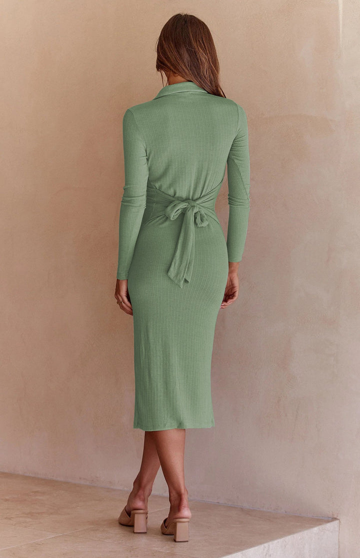 PARZIS - Ribbed Long-Sleeved Slim-Fit Dress