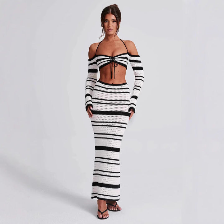 MARTINA - Striped Knit Two-Piece Bodycon Maxi Dress