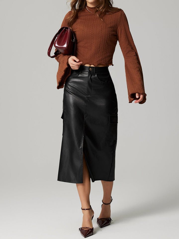 MAGAN - Vegan Leather Midi Skirt with Pockets