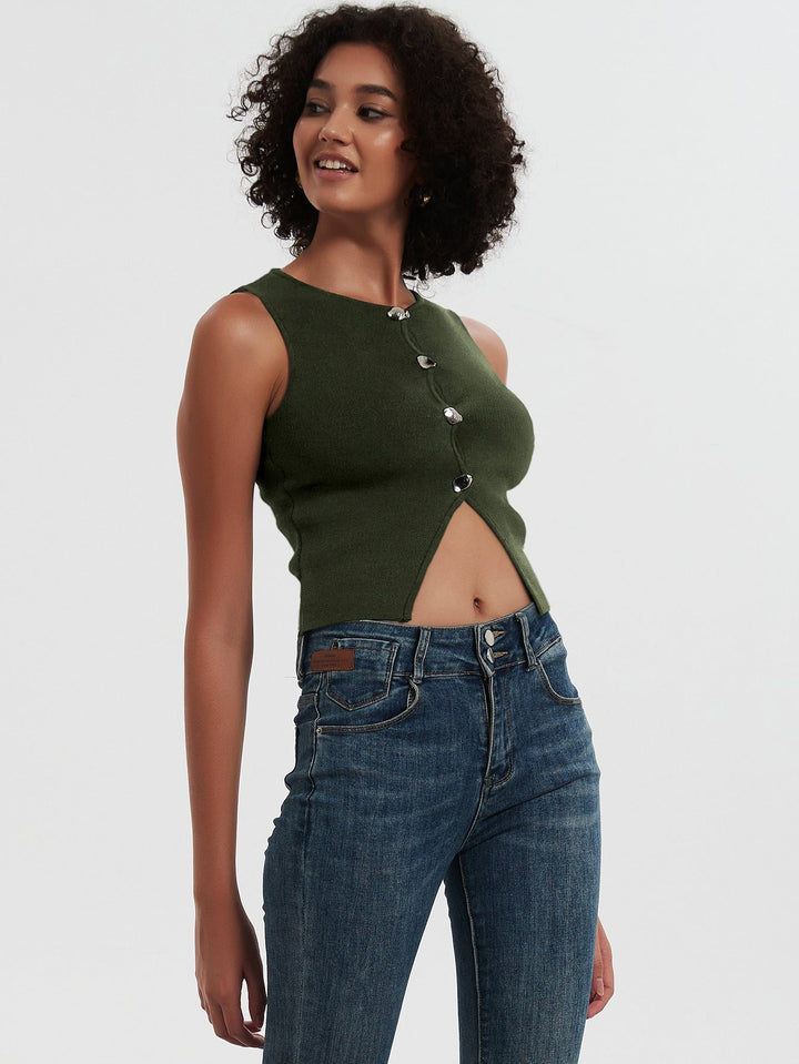KEI - Women’s Knitted Sleeveless Button Crop Top