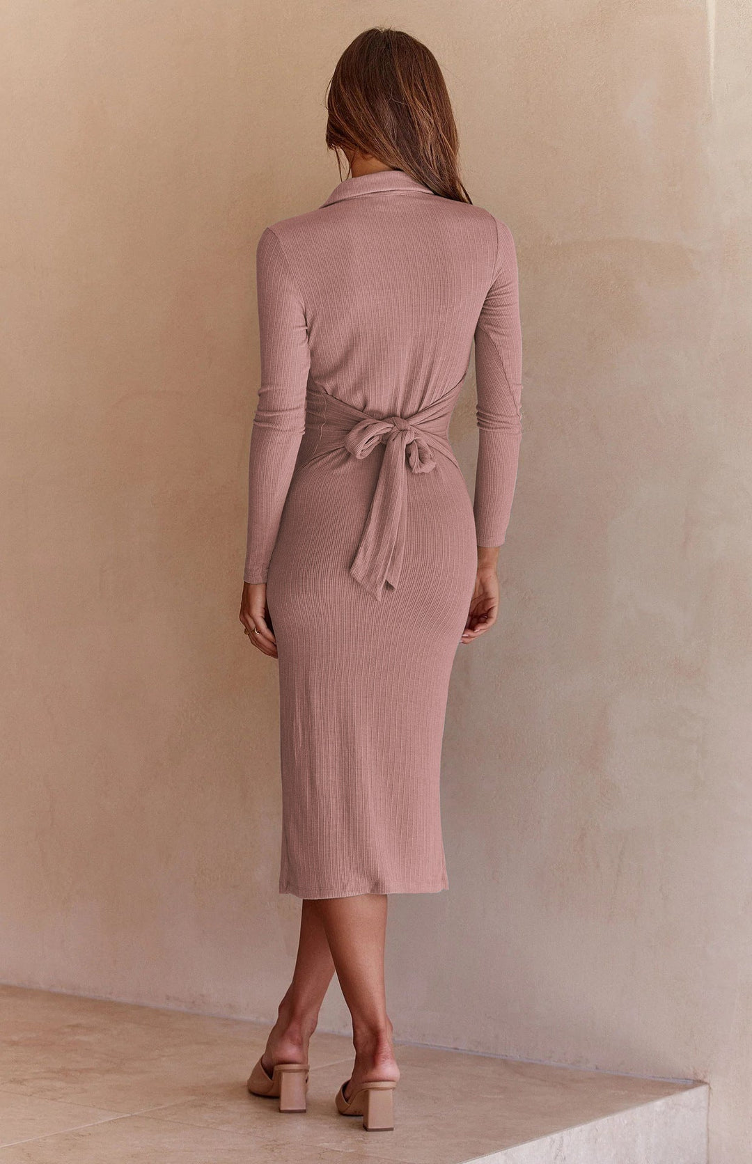 PARZIS - Ribbed Long-Sleeved Slim-Fit Dress