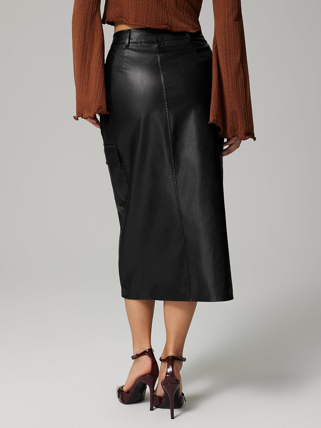 MAGAN - Vegan Leather Midi Skirt with Pockets