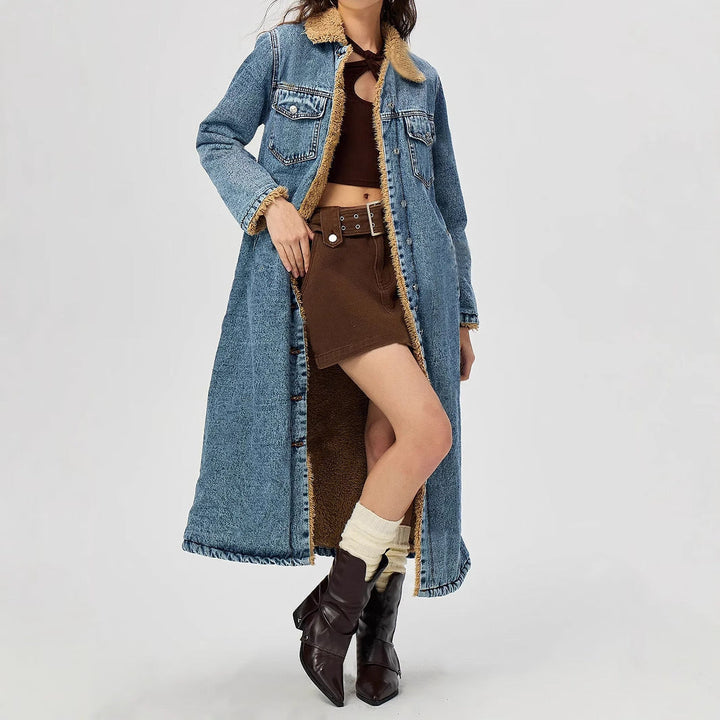 MALLIK - Women's Long Denim Coat with Vegan Fur