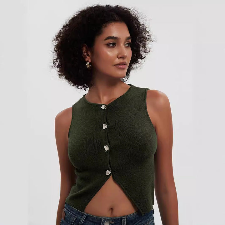 KEI - Women’s Knitted Sleeveless Button Crop Top
