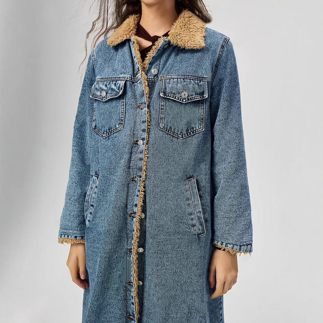 MALLIK - Women's Long Denim Coat with Vegan Fur