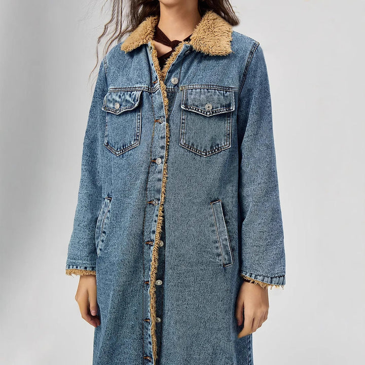 MALLIK - Women's Long Denim Coat with Vegan Fur