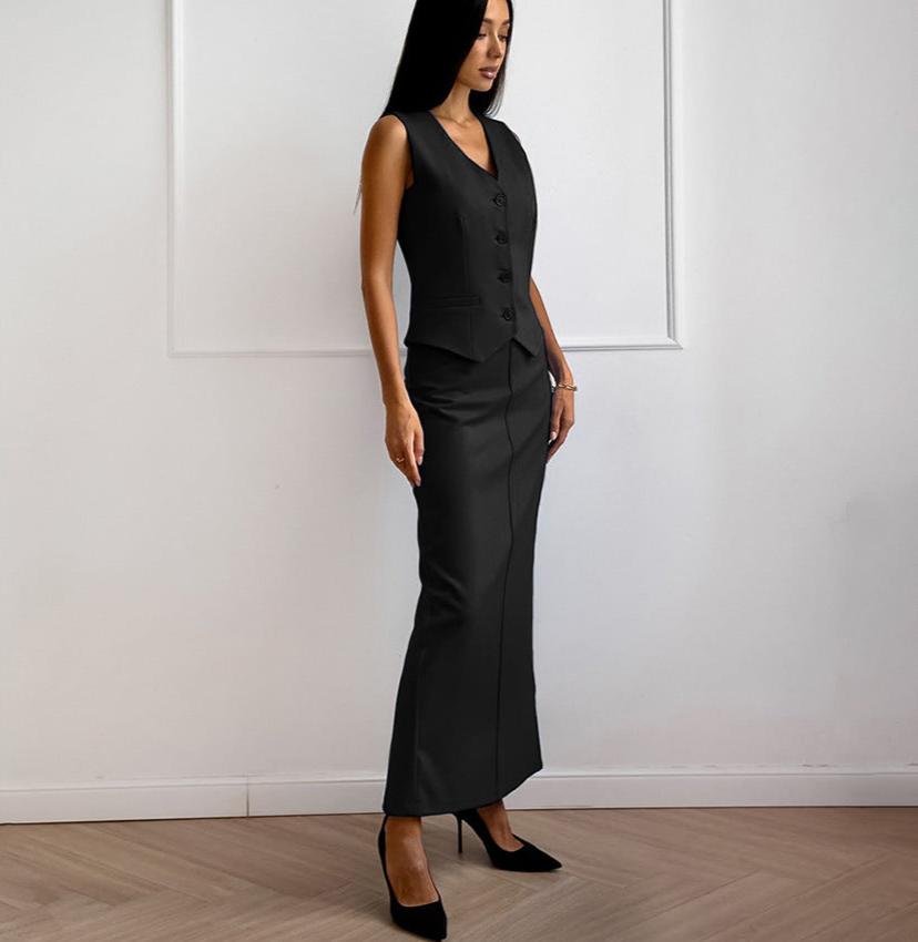 SELENE - Black Sleeveless Vest Skirt Set