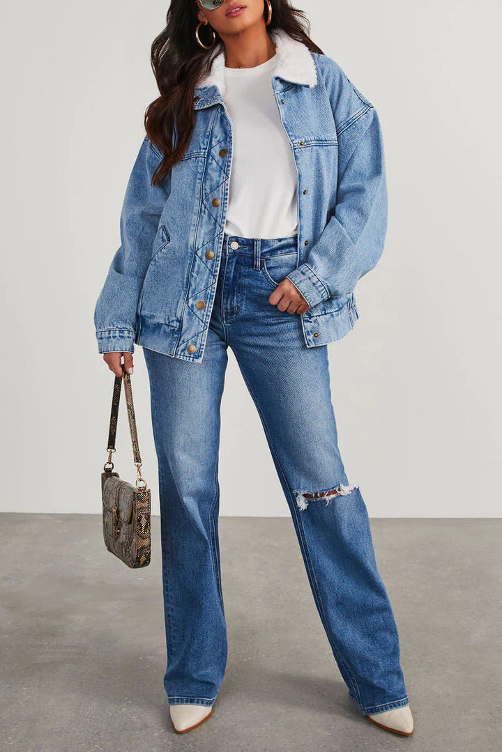 SENN - Women's Washed Denim Jacket Fleece Collar