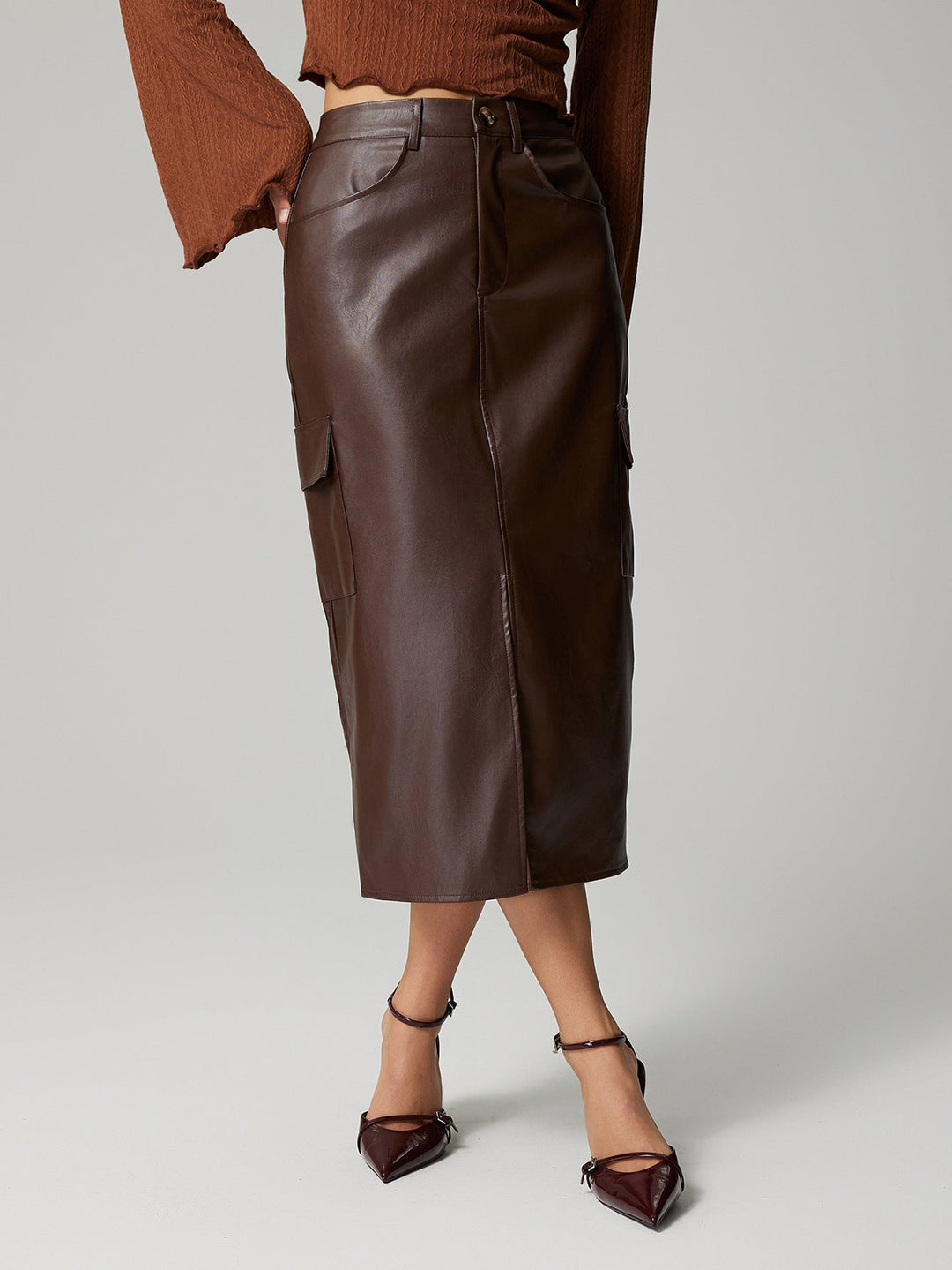 MAGAN - Vegan Leather Midi Skirt with Pockets