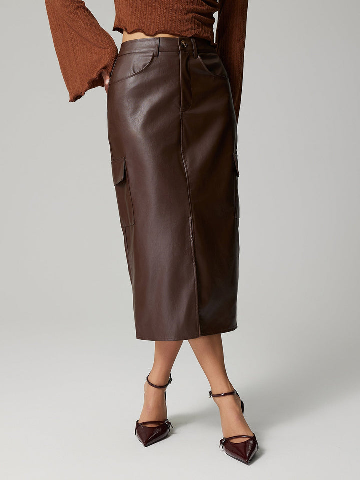 MAGAN - Vegan Leather Midi Skirt with Pockets