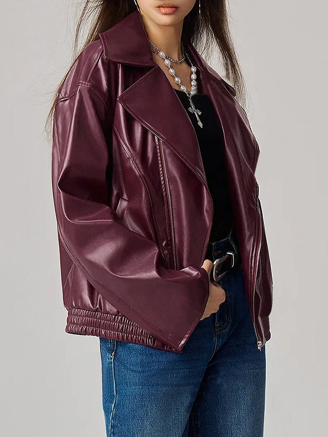 HINA - Women's Vegan Leather Oversized Biker Jacket