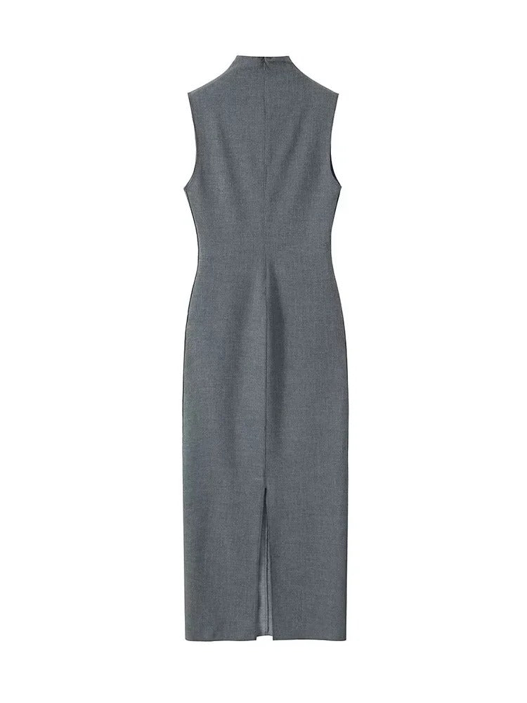 SINDRA - Elegant Charcoal Sleeveless Sheath Dress